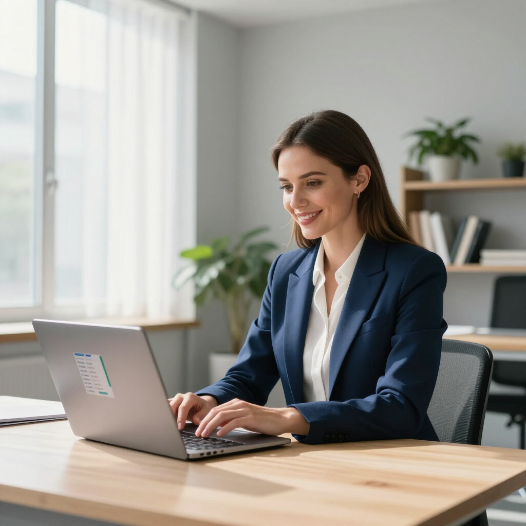 Woman typing on a laptop at a desk in a bright office, smiling.