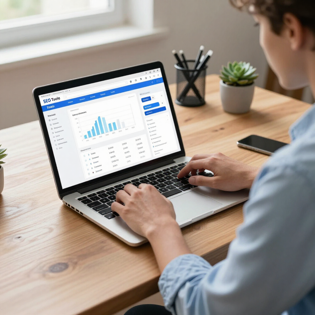 Person typing on a laptop displaying charts and data on a bright wooden desk