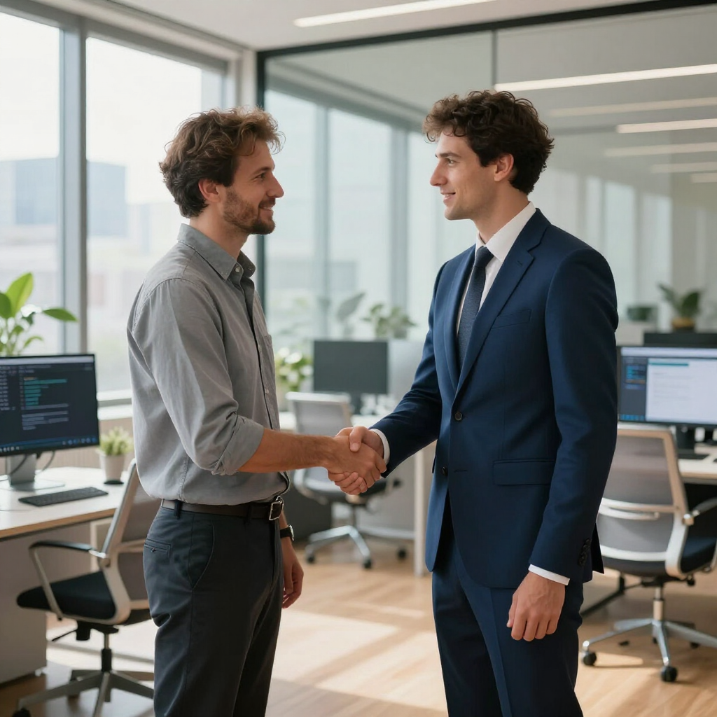 Two colleagues shaking hands in a modern office, one in a navy suit and one in a gray shirt.