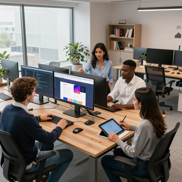 Four coworkers in a bright office meeting around desks with dual monitors and a tablet