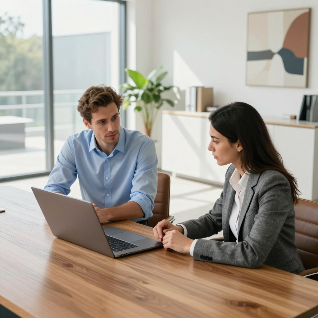 Two coworkers discussing at a laptop in a bright office with a wooden table