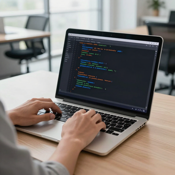 Hands typing on a laptop displaying code in a bright office setting