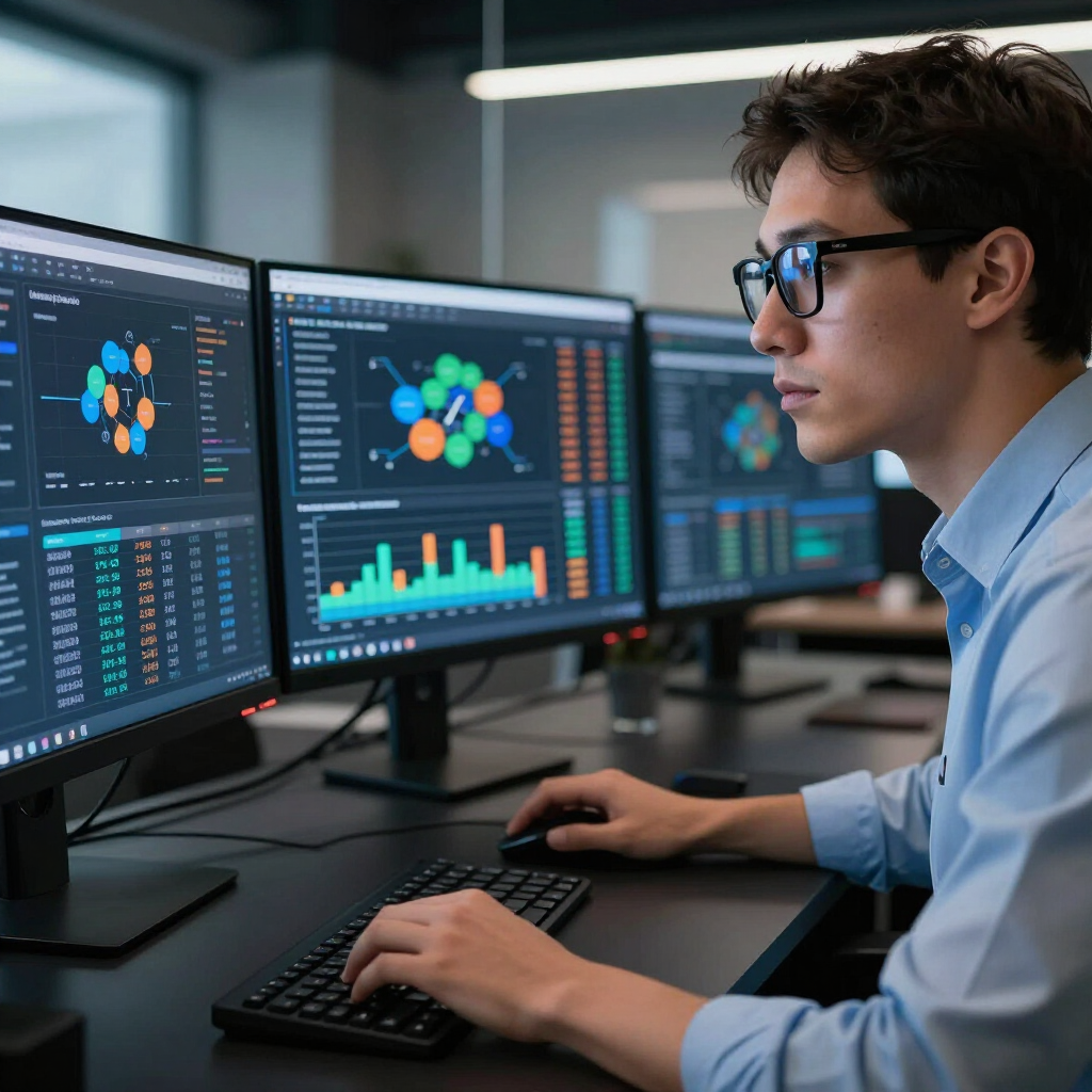 Person analyzing data on multiple monitors in a dimly lit office, with colorful charts and code displayed