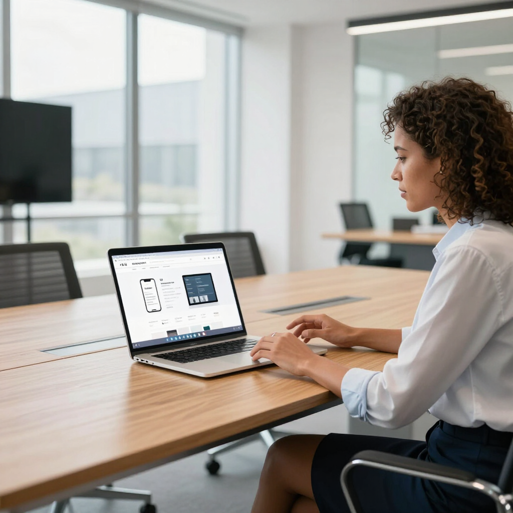 Person working on a laptop at a conference table in a bright office meeting room