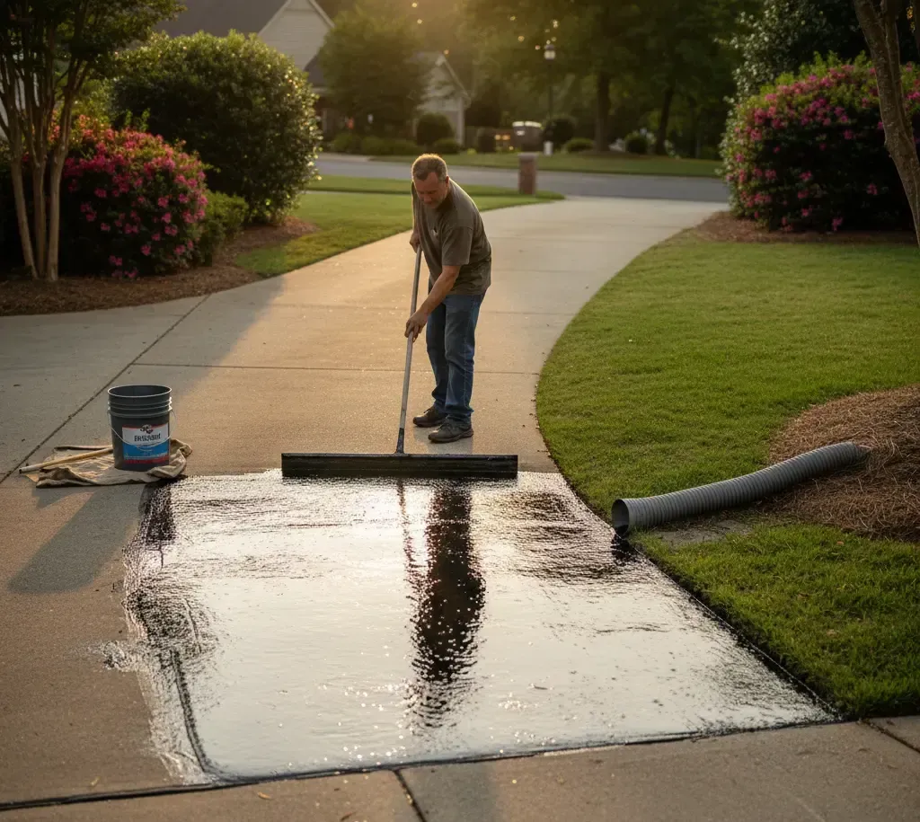 Person applies sealant to a driveway with a squeegee, surrounded by lawn and bushes, under sunlight.