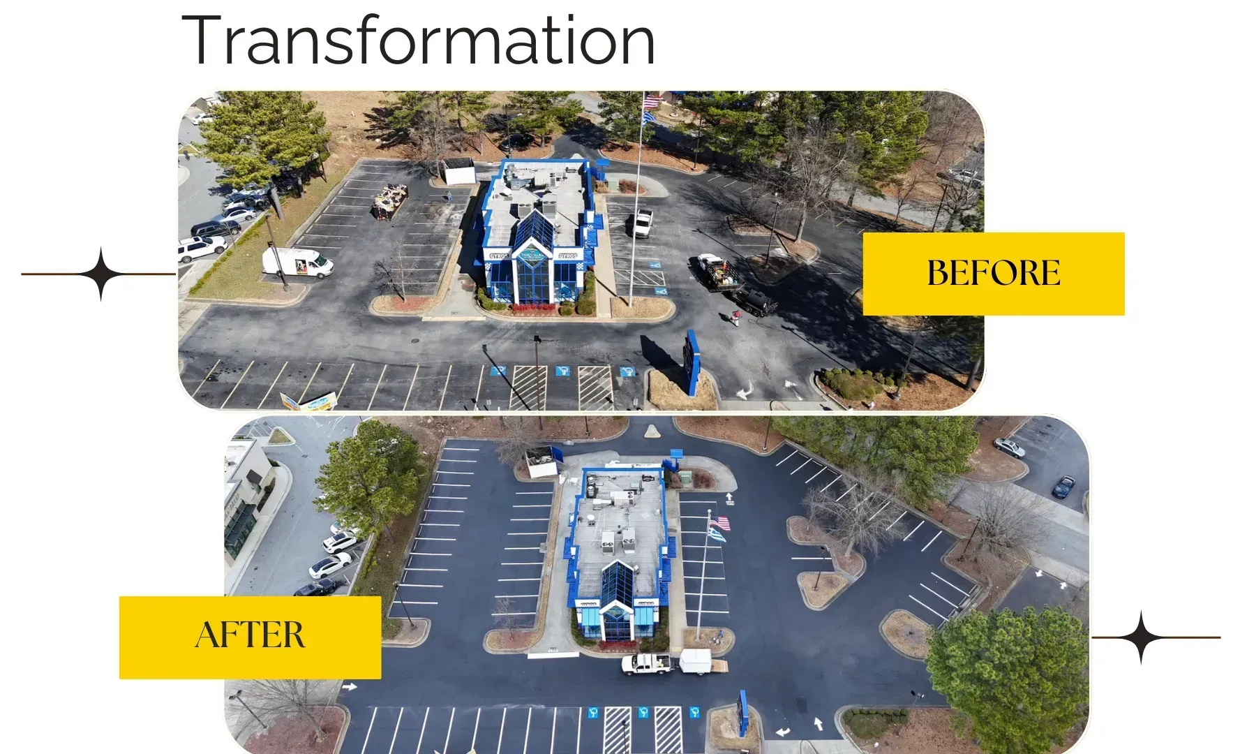 A before and after picture of a parking lot.