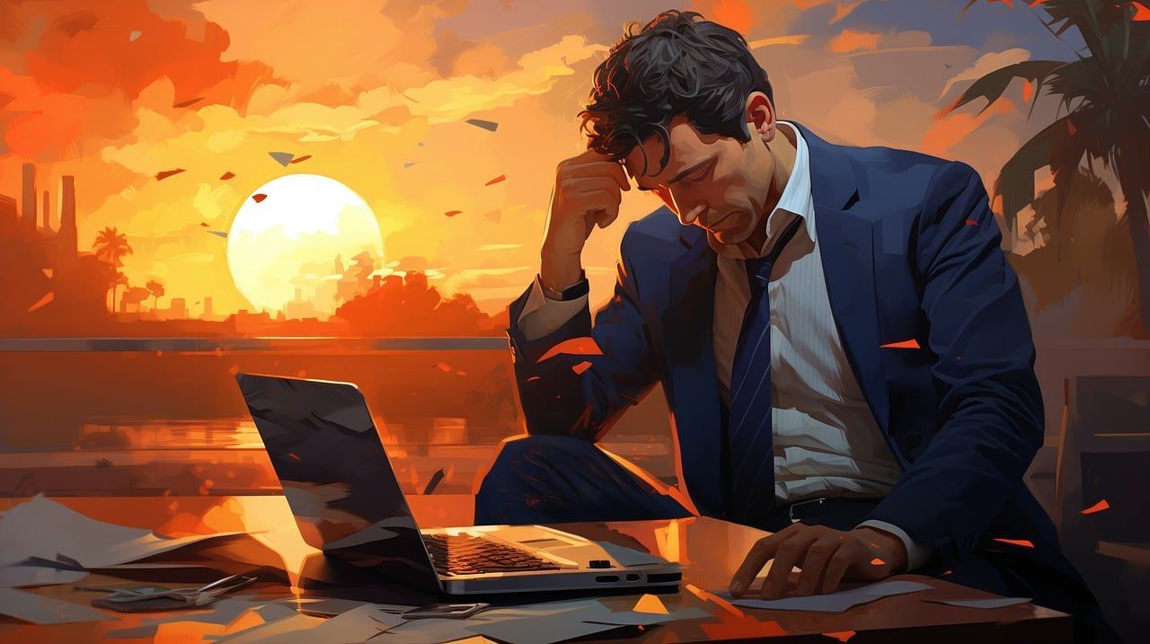Man in suit stressed at desk, laptop open, watching sunset.