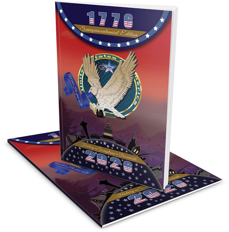 Souvenir edition with eagle and 2020 cityscape, red, blue, and gold colors.