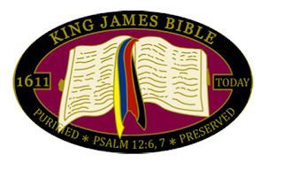 Logo: King James Bible, open book with colorful ribbons, burgundy and gold oval, 