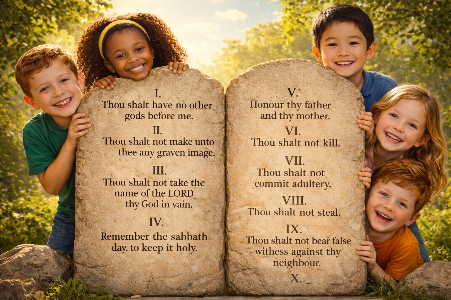 Children looking at the Ten Commandments