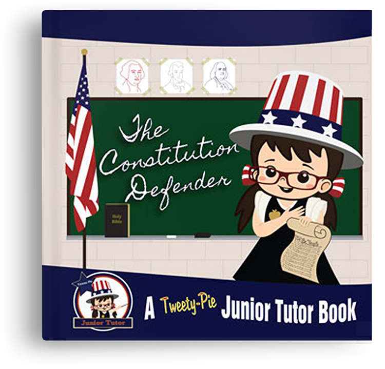 Book cover: Girl in patriotic hat, holding Constitution scroll, in front of a chalkboard with American flag.