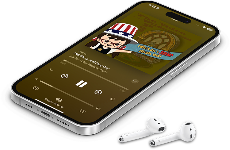 IPhone playing music, with cartoon album art featuring a girl in a patriotic hat, and white AirPods nearby.