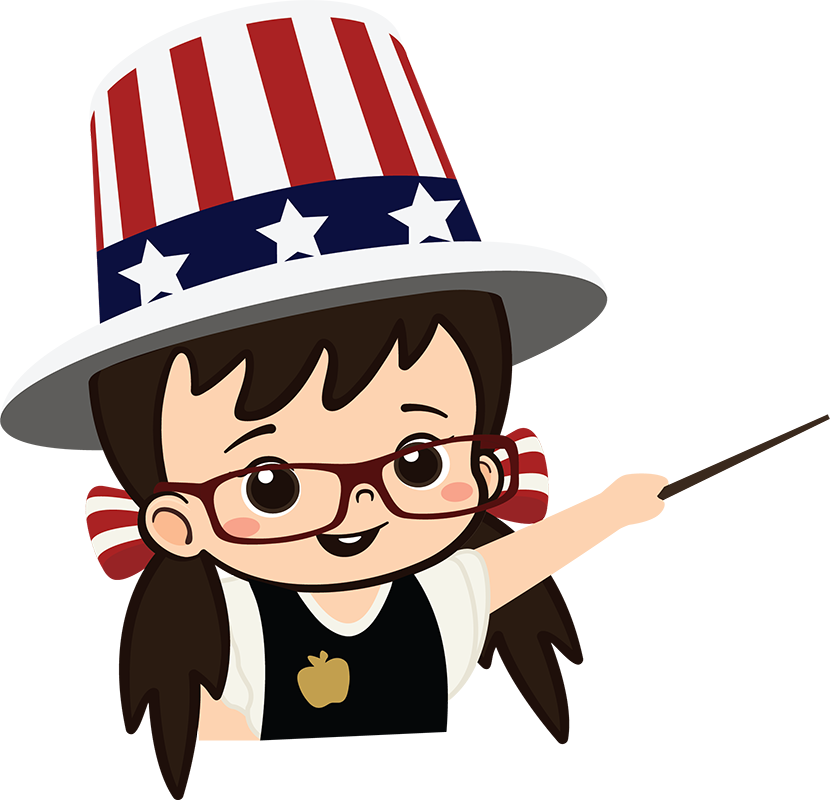 Girl in patriotic hat pointing, wearing glasses, smiling.