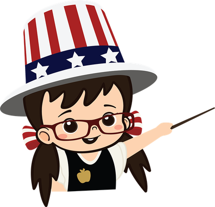 Cartoon girl in patriotic hat pointing with a smile.