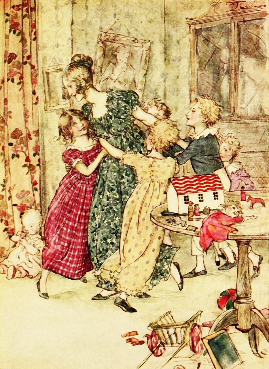 A painting of a group of children playing with toys