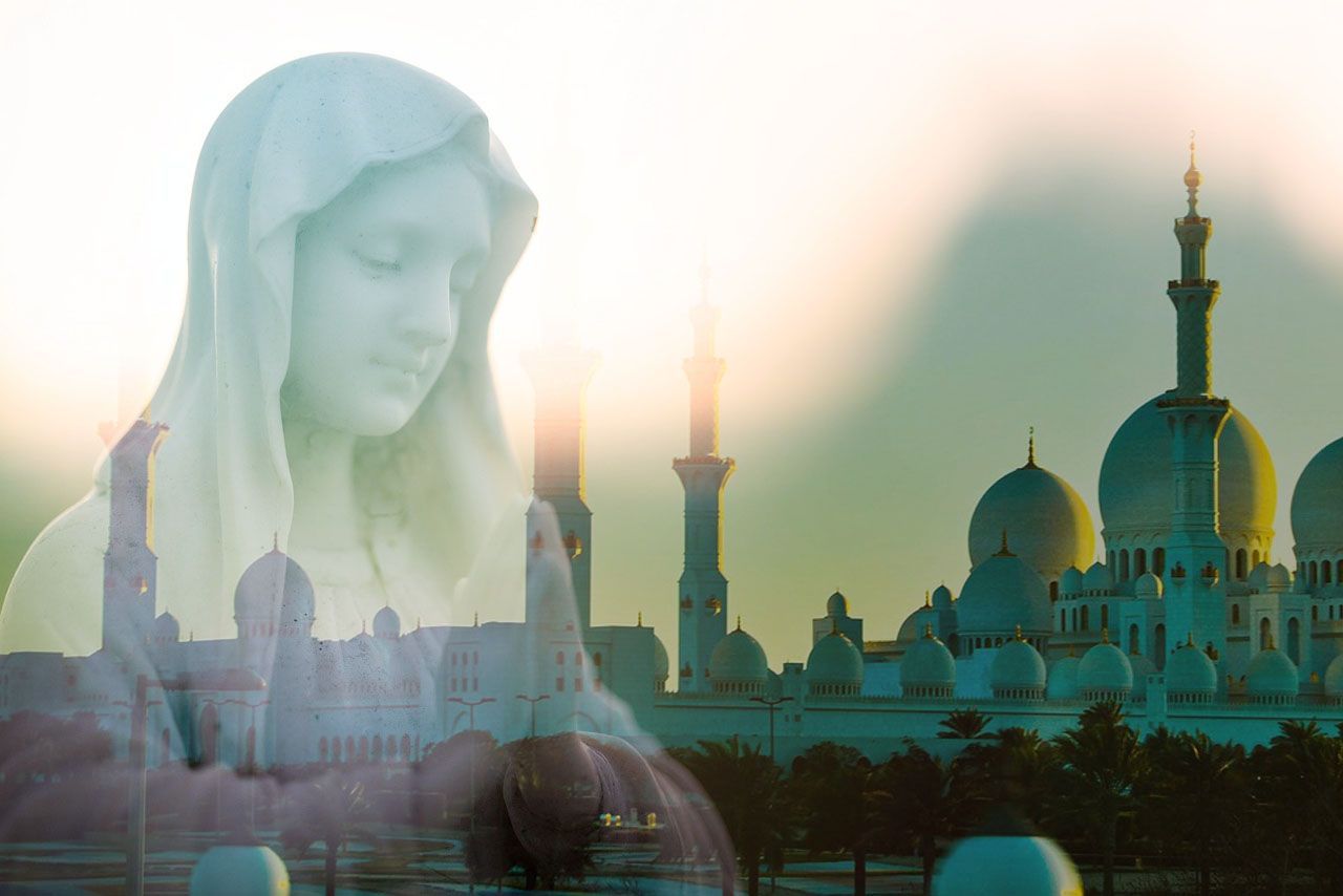 Statue of Mary overlaid on the Sheikh Zayed Mosque in Abu Dhabi, with soft lighting and a peaceful atmosphere.