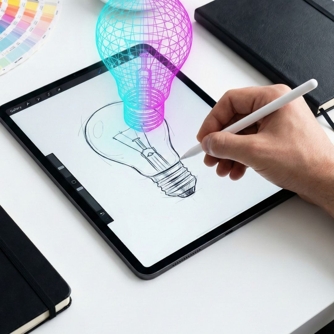 Persona dibujando una bombilla en un iPad con un lápiz digital mientras una bombilla holográfica 3D surge de la pantalla, representando la creación de contenidos, campañas y diseños visuales con inteligencia artificial para mejorar calidad y acelerar procesos.