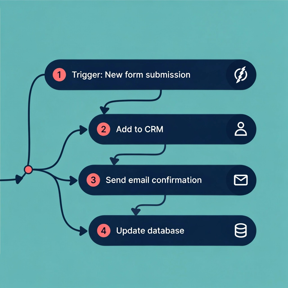 Diagrama de automatización digital con un flujo que incluye alta de formulario, añadir al CRM, envío de email y actualización de base de datos, representando servicios de estrategia digital y automatización para mejorar procesos, reducir tareas repetitivas y conectar marketing, datos y negocio.