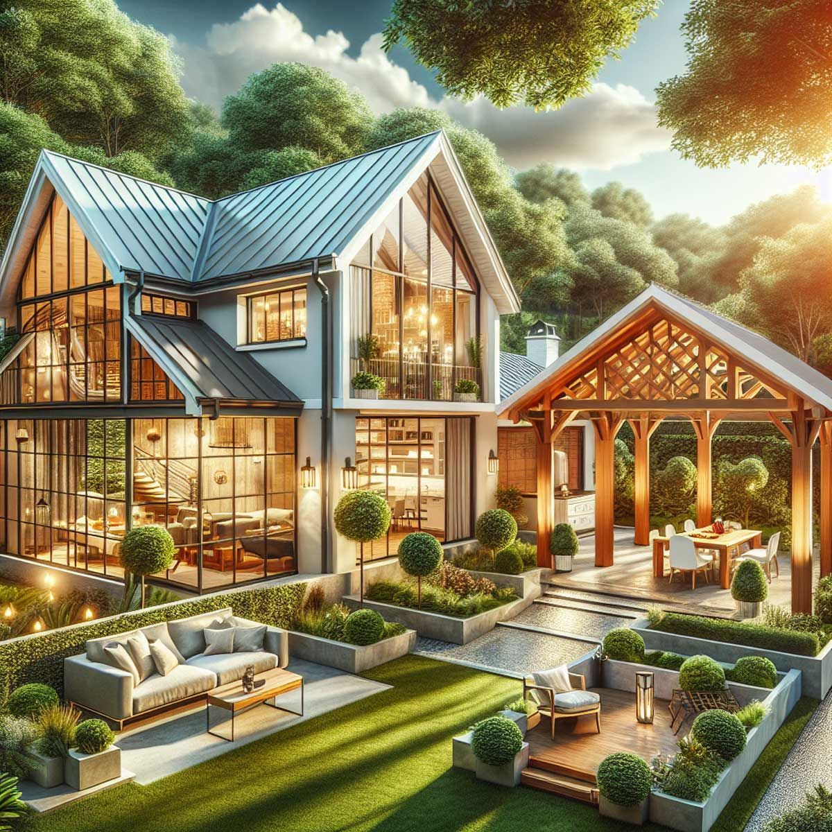 A large house with a lot of windows and a patio in front of it.