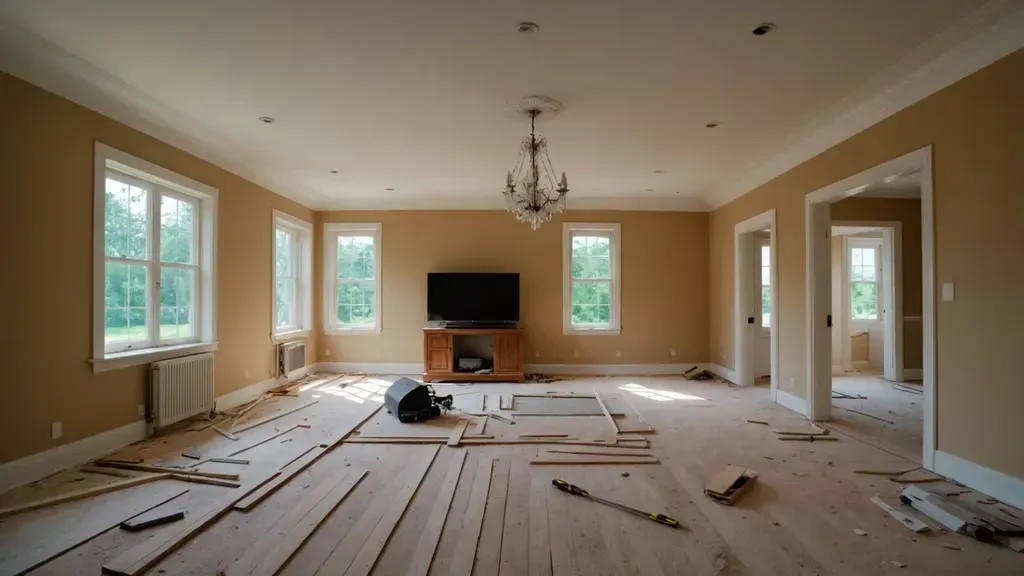 An empty living room with a flat screen tv and a chandelier.