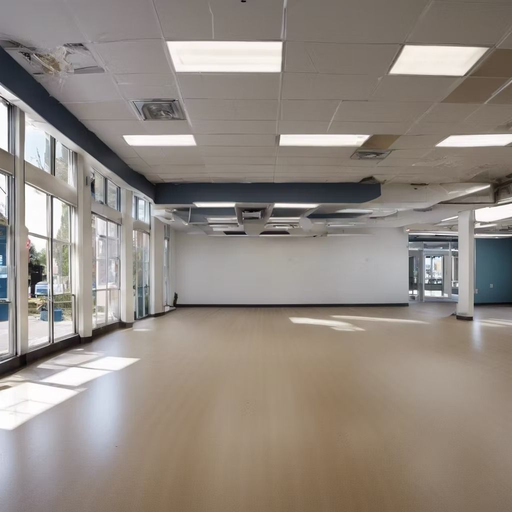 A large empty room with a lot of windows and lights on the ceiling.