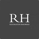 The logo for rh restoration hardware is on a black background.