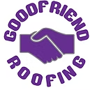 A purple logo for good friend roofing with two hands shaking.