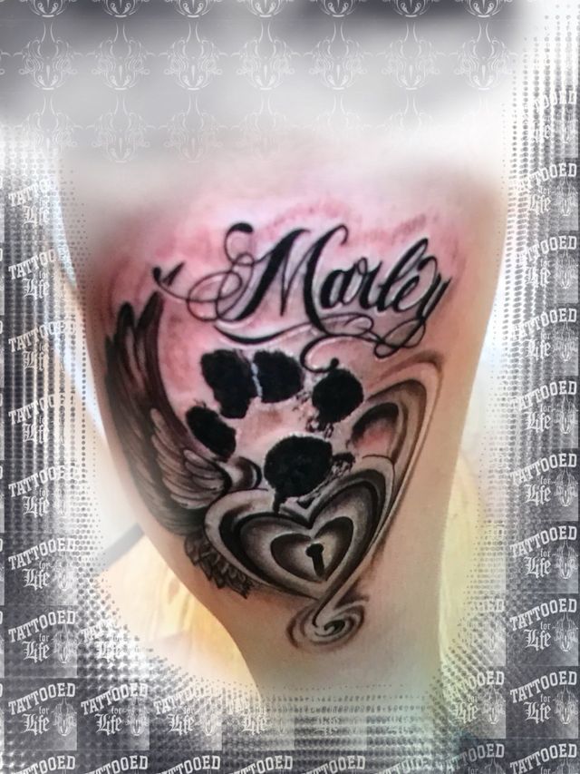 A tattoo of a paw print with the name molly on it