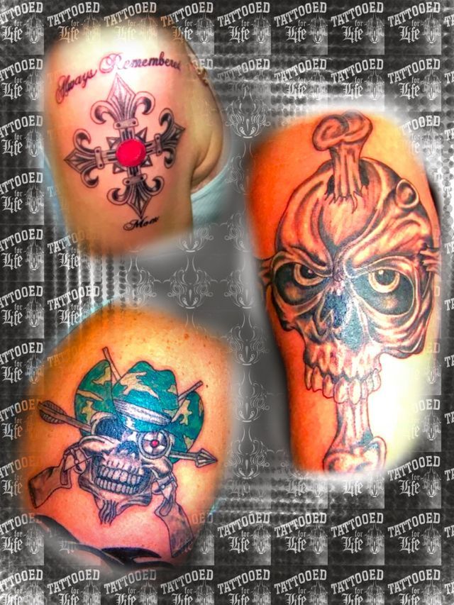 Three different skull tattoos on a person 's back