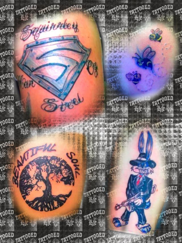 A collage of tattoos on a person 's arm