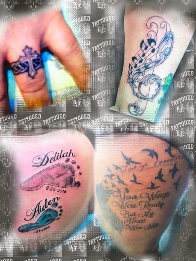 A collage of different tattoos on a person 's body