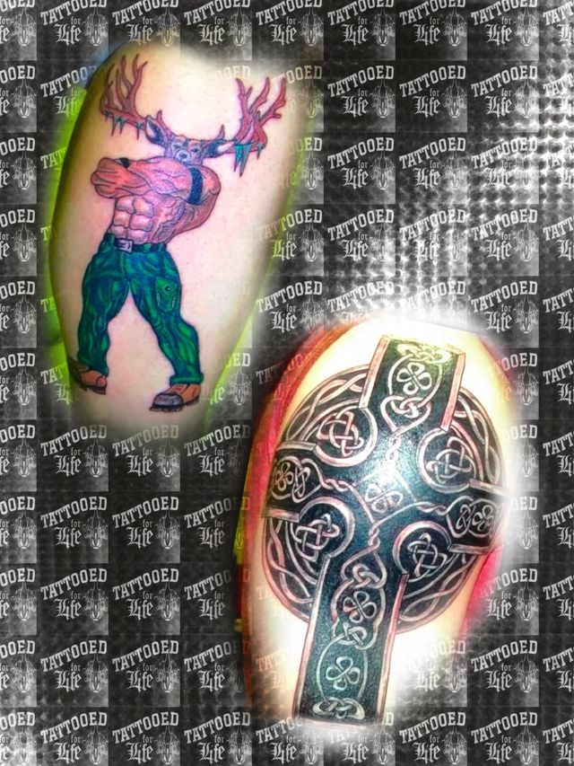 A tattoo of a deer and a cross on a wall