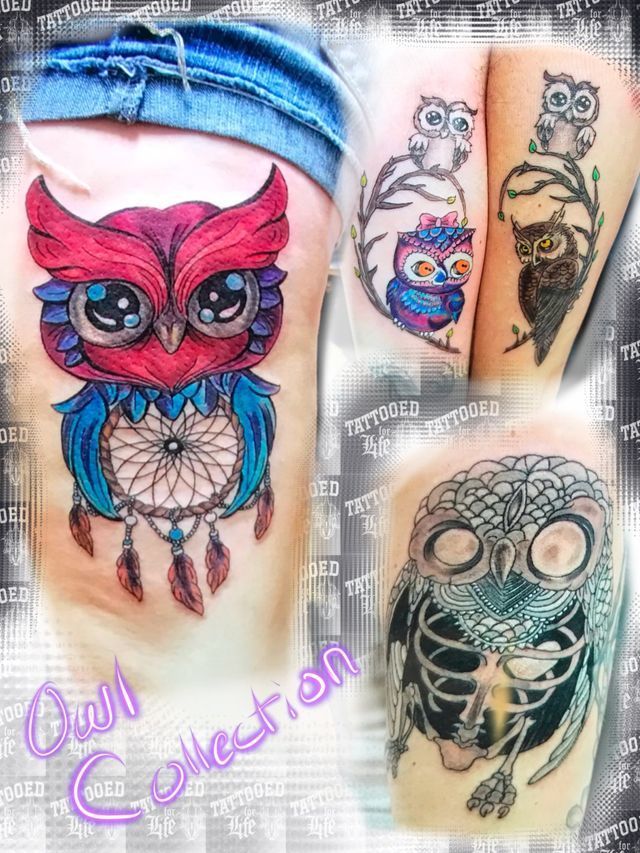 A woman has three different owl tattoos on her arm.