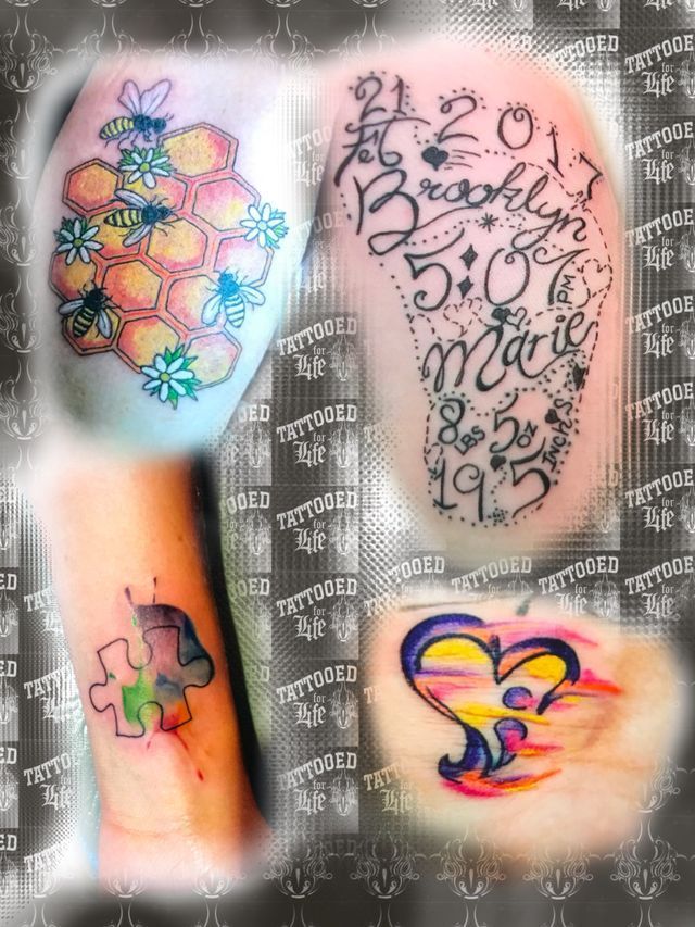 A collage of three different tattoos on a person 's arm
