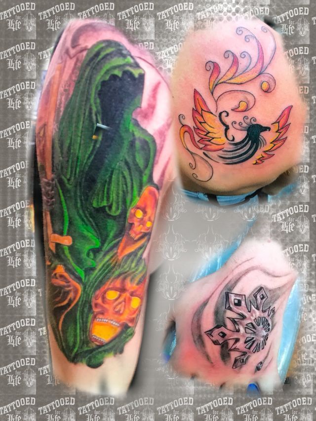 Three different tattoos on a person 's arm and leg
