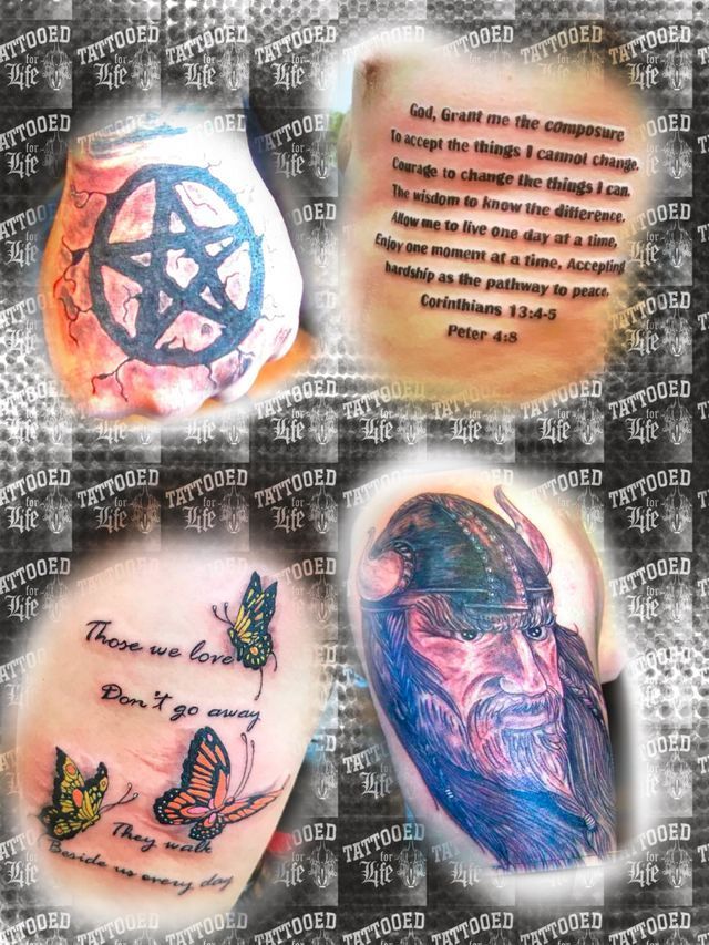 A collage of tattoos including a pentagram a butterfly and a man 's face