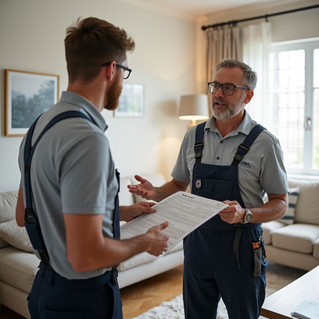 Two workers in blue overalls reviewing paperwork in a living room, discussing and gesturing.