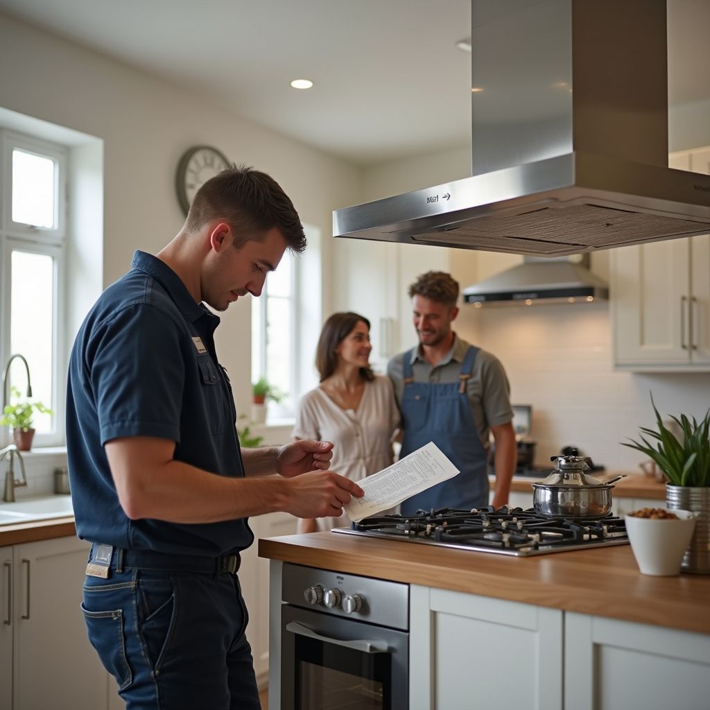 Man in work uniform reviews paperwork in a kitchen with a couple.