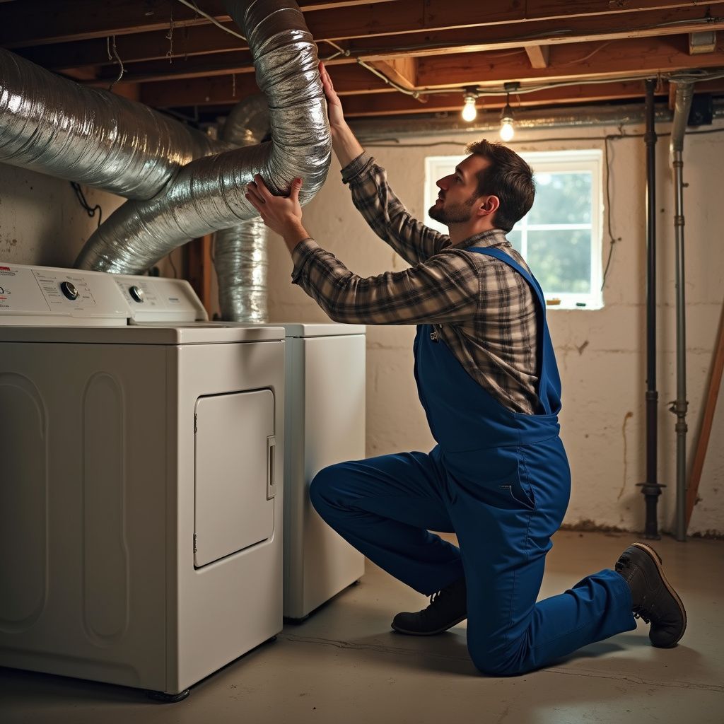 Man in blue overalls inspecting ductwork above a washing machine in a basement.