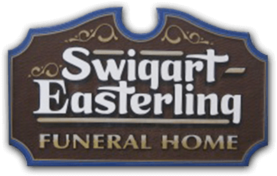 Sign for Swigart-Easterling Funeral Home in brown, blue, and white.