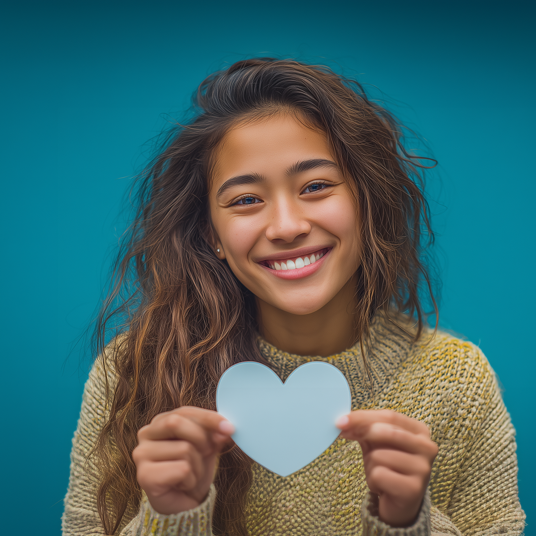 Smiling person holding a light blue heart cutout against a teal background.