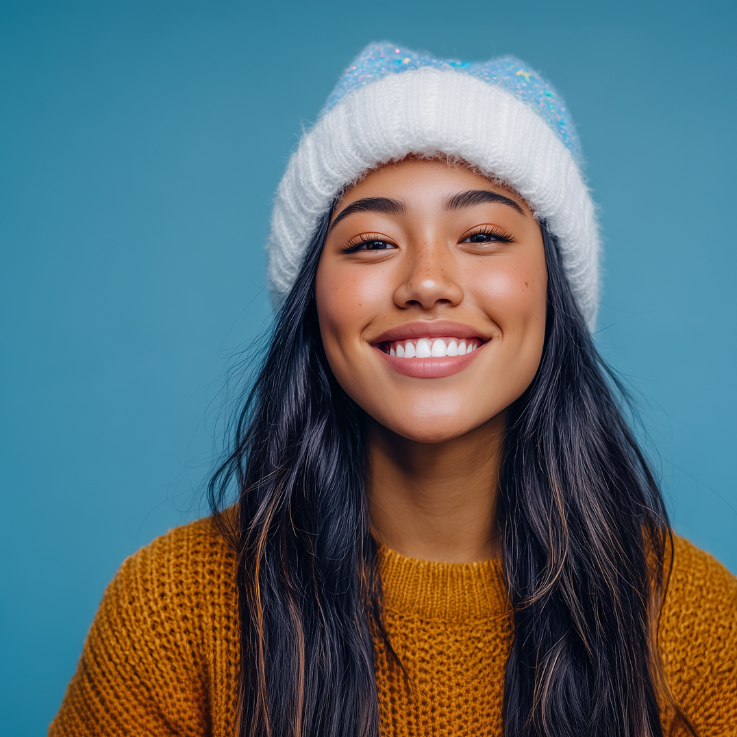 Smiling person wearing a white beanie and orange sweater against a blue background.