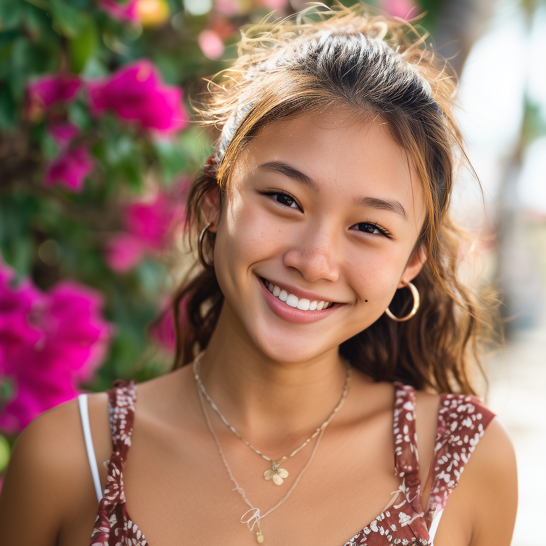 A smiling person with wavy hair posing outdoors in front of vibrant pink bougainvillea flowers.