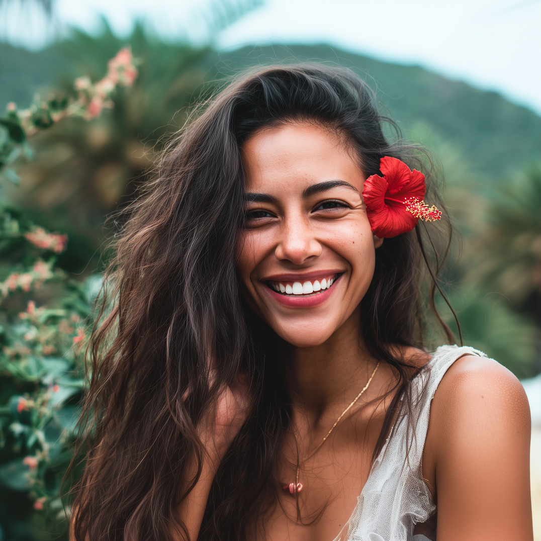 Woman with long dark hair, red flower, smiling, outdoors.