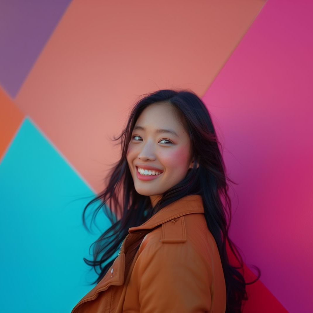 A woman in a brown jacket is smiling in front of a colorful wall