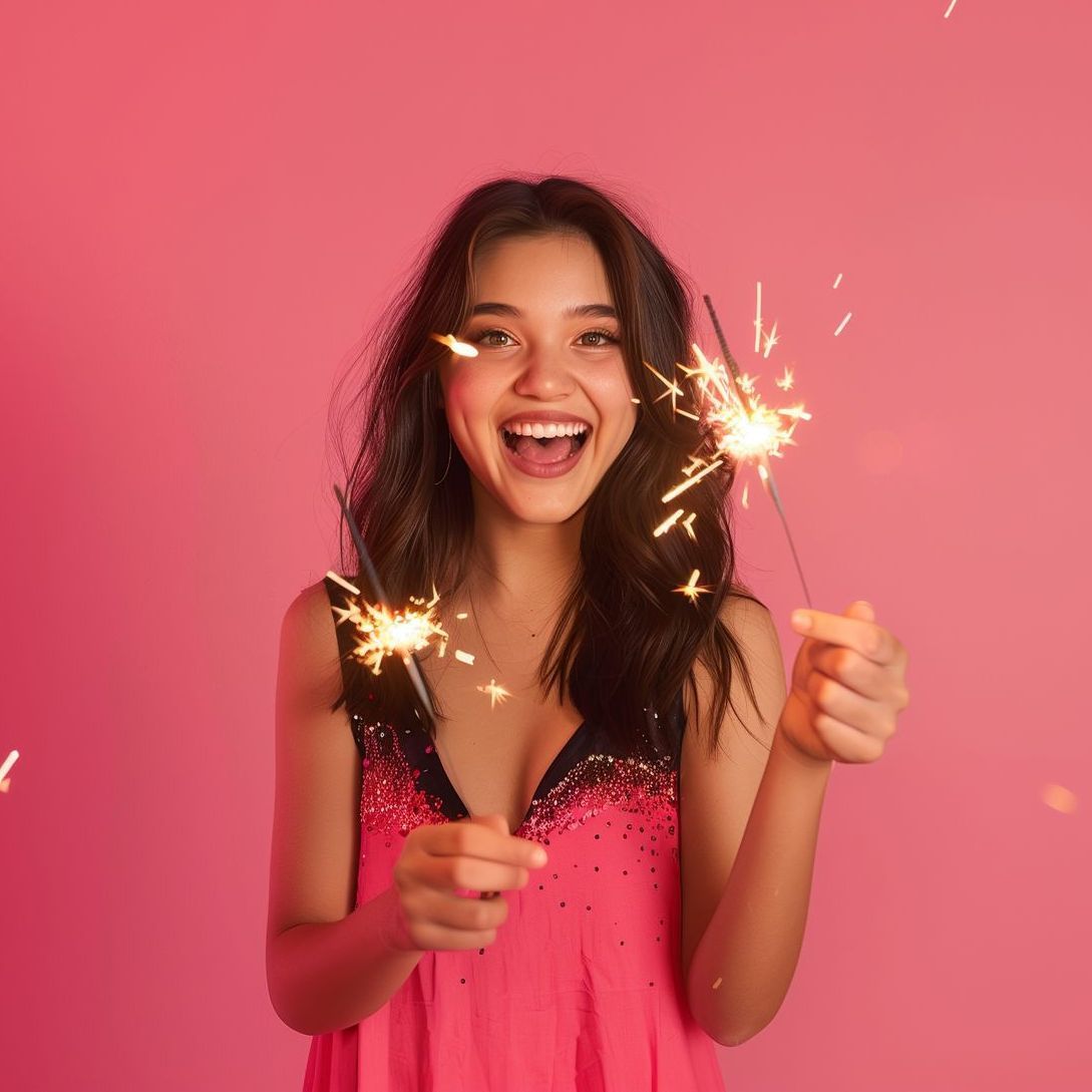 A woman in a pink dress is holding sparklers and smiling.