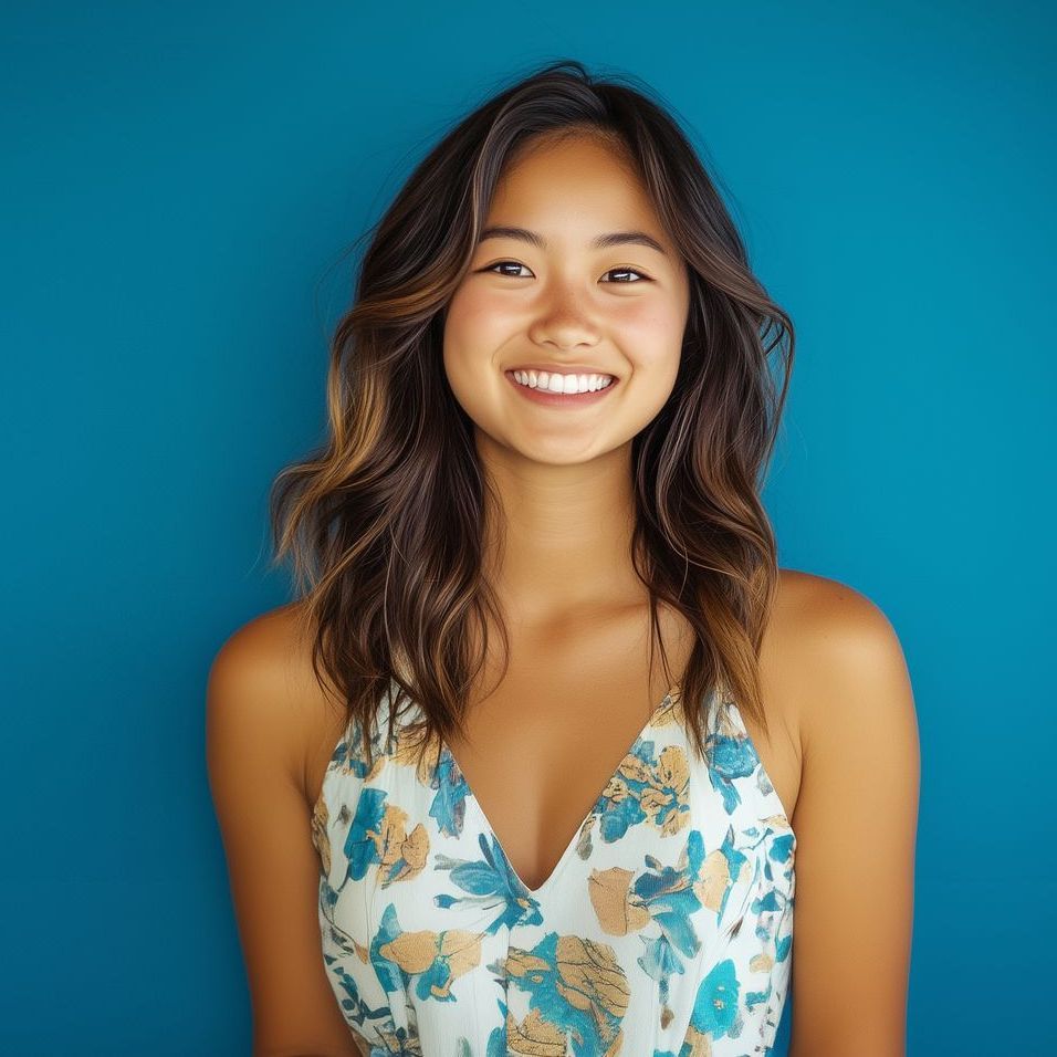 A woman in a floral dress is smiling in front of a blue background.