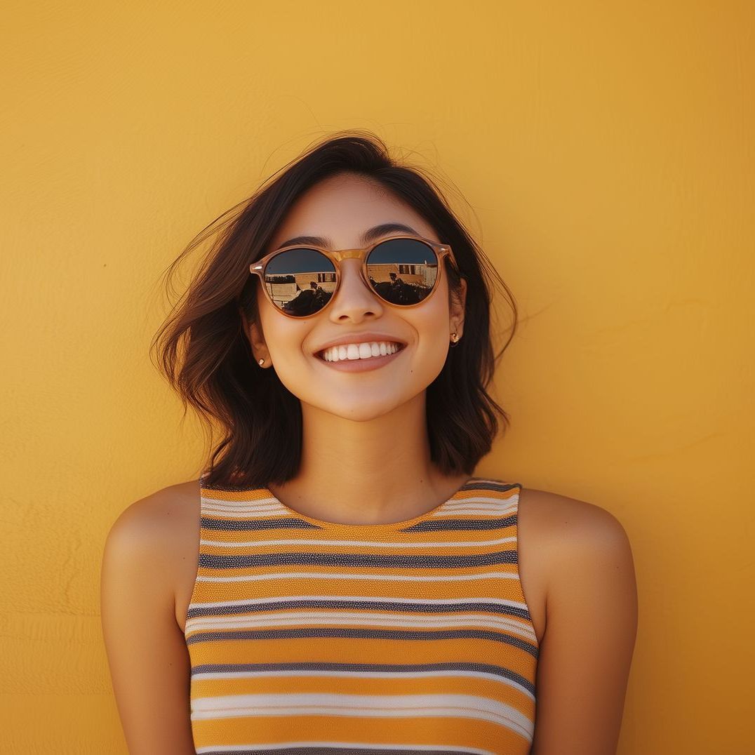 A woman wearing sunglasses and a striped tank top is smiling in front of a yellow wall.