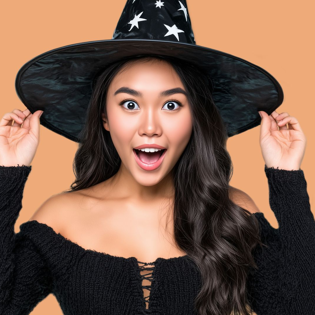 Young woman in witch costume, surprised expression, holding hat.
