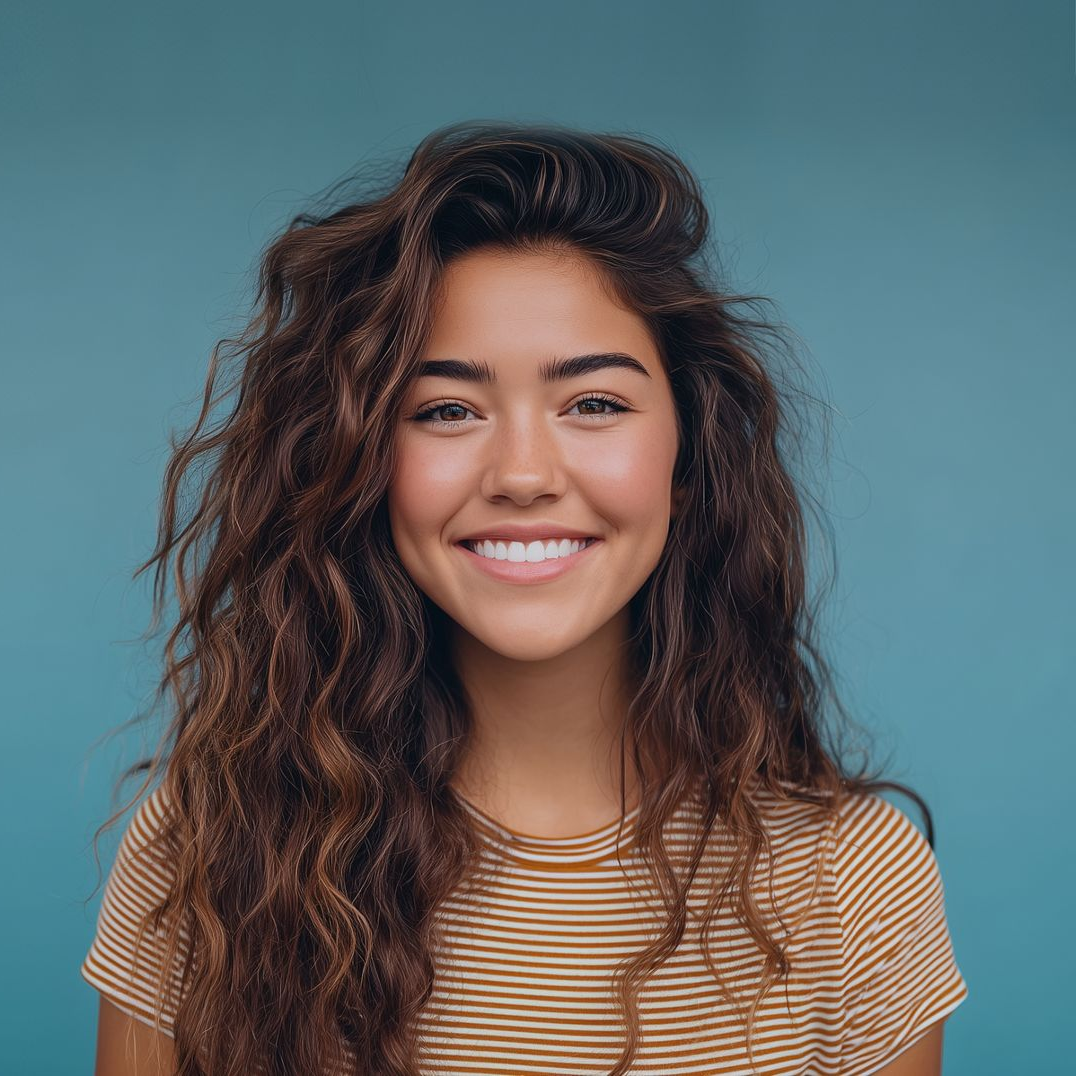 Young woman with long, wavy brown hair smiles at the camera. She wears a striped yellow shirt, teal background.